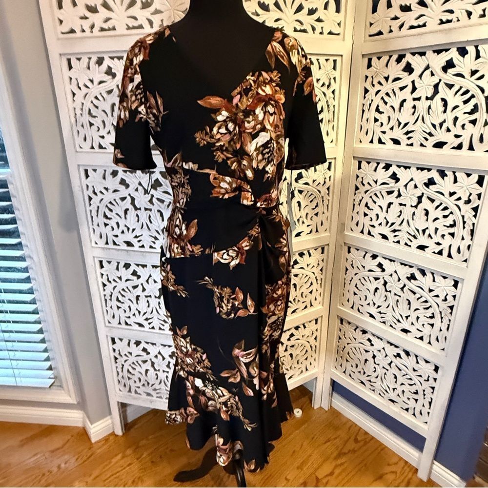 NWT London Times Black Floral Wrap Midi Dress with Brown Accents Sz 14
